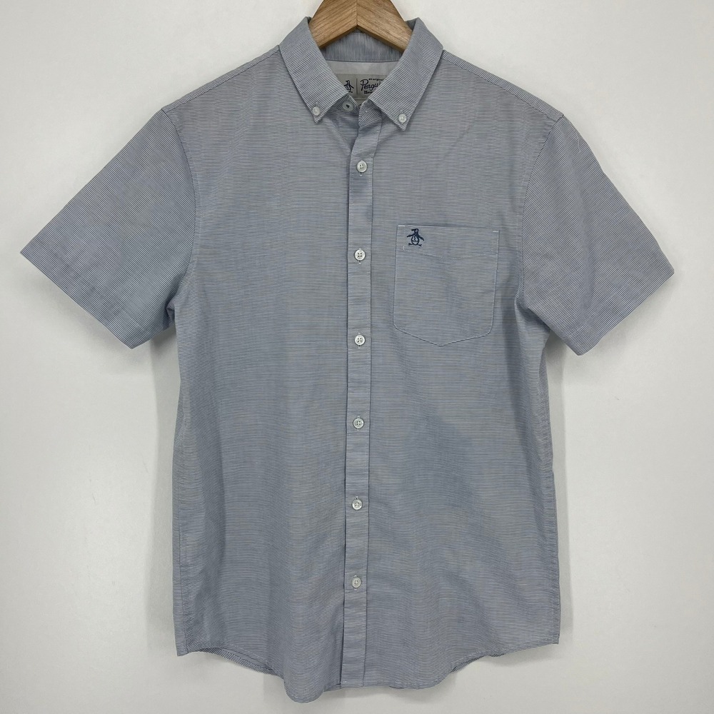 Original Penguin Mens Short Sleeve Button Down Micro Stripe Shirt Blue White S